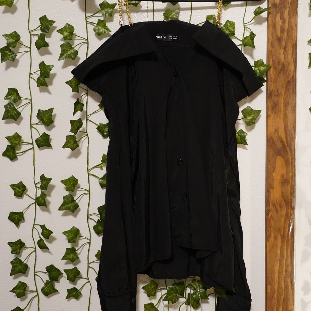 Off Shoulder Black Long Sleeve Button Up Top | Blouse w/ Gold Chain Straps - Picture 2 of 4